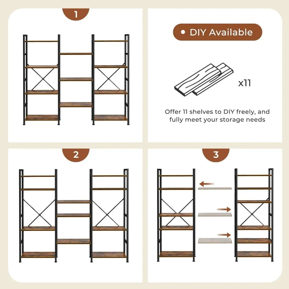 4 Tier Bookcase with 11 Open Display Shelves, Wide