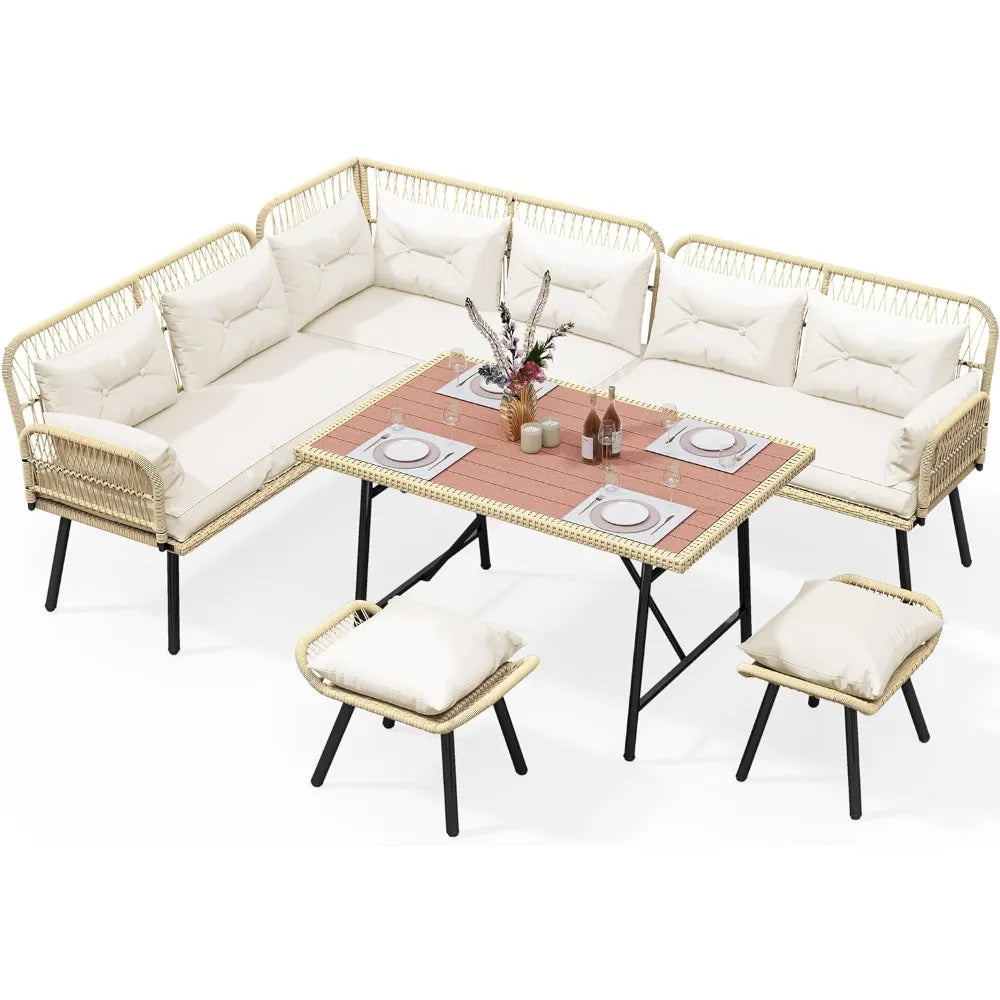 All-Weather Rattan Outdoor Sofa Set w/Cushions, Ottomans & Plastic Wood Table