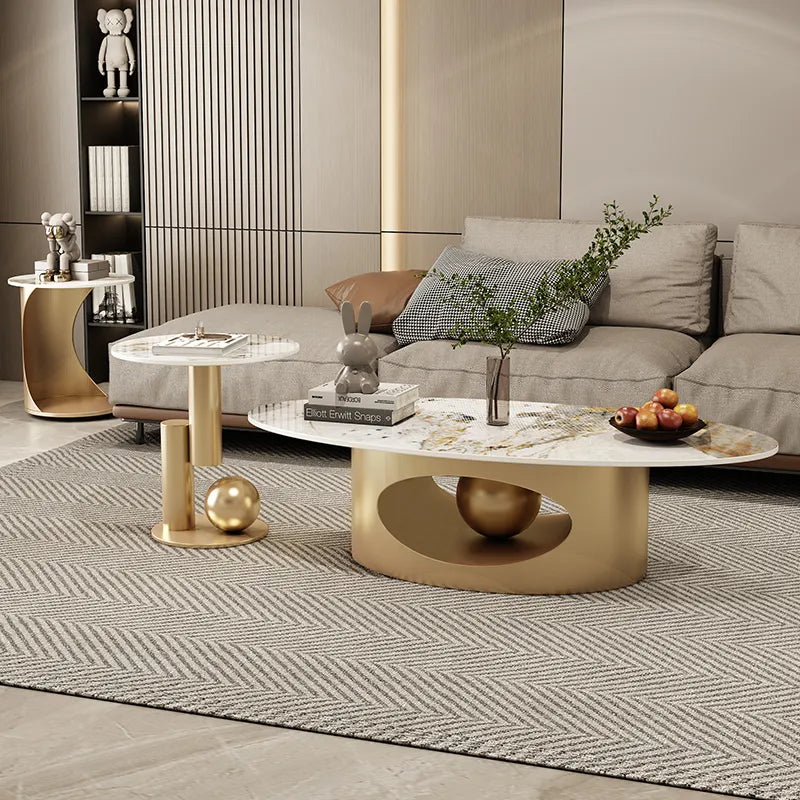 Modern Marble Effect Coffee Tables, Metal Nordic Oval Side Table