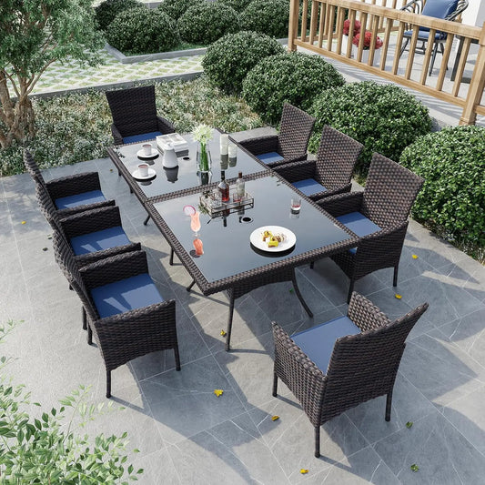 Indoor/Outdoor Dining Table Set Rattan w/Tempered Glass Tabletop, Removable Cushions & Umbrella Cutout