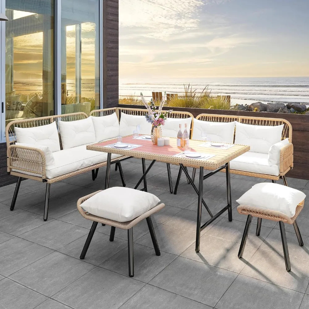 All-Weather Rattan Outdoor Sofa Set w/Cushions, Ottomans & Plastic Wood Table