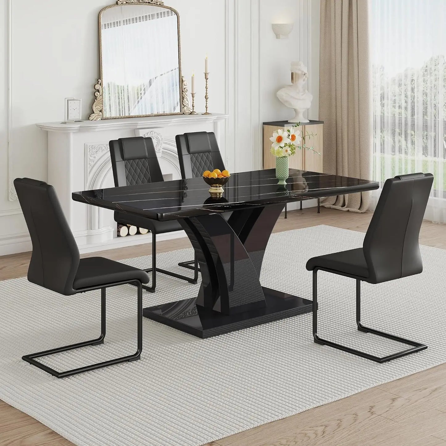 Rectangular Faux Marble Kitchen Table Set, w/MDF Legs & Black PU Leather Upholstered Chairs