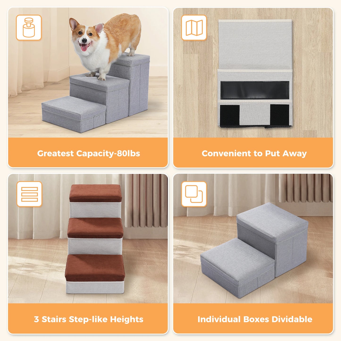 3-Tier Small Foldable Pet Stair with Storage Box and Condo Adjustable Height