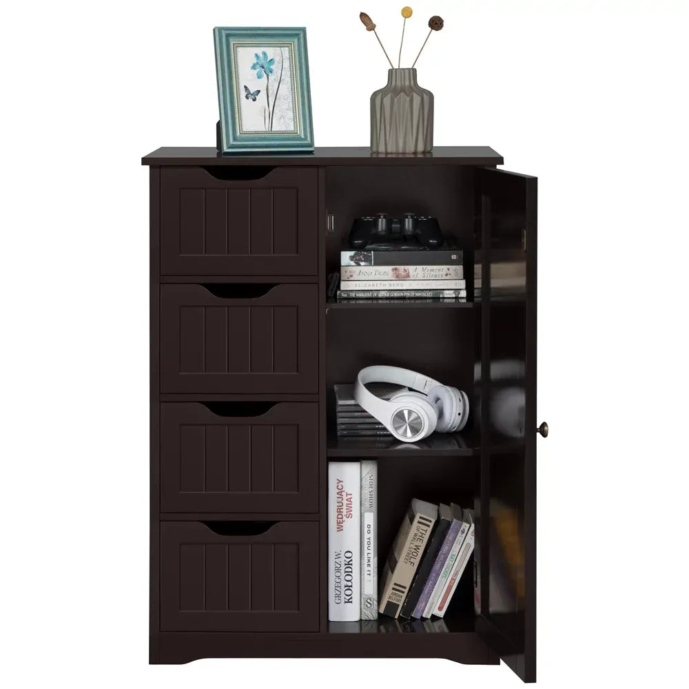 Wooden Storage Cabinet with 4 Drawers & Cupboard, Espresso