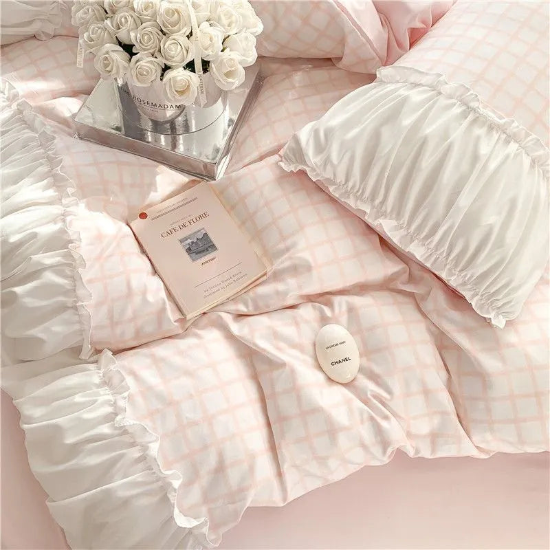 Korean Luxury Style Princess Bedding Set with Ruffles & Lace