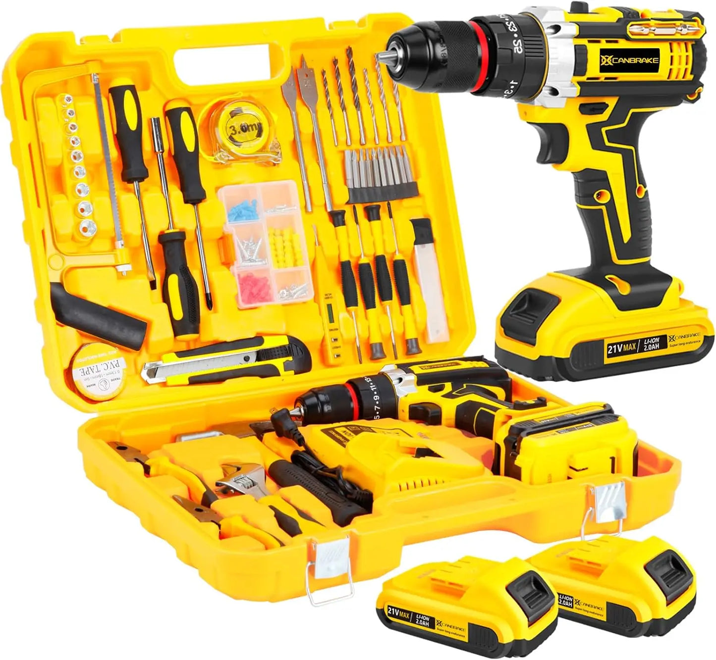 120PCS 21V Cordless Drill Set 3/8" Keyless Chuck of Metal & 25+3 Clutch w/Impact 2 X 2.0Ah Battery & Fast Charger