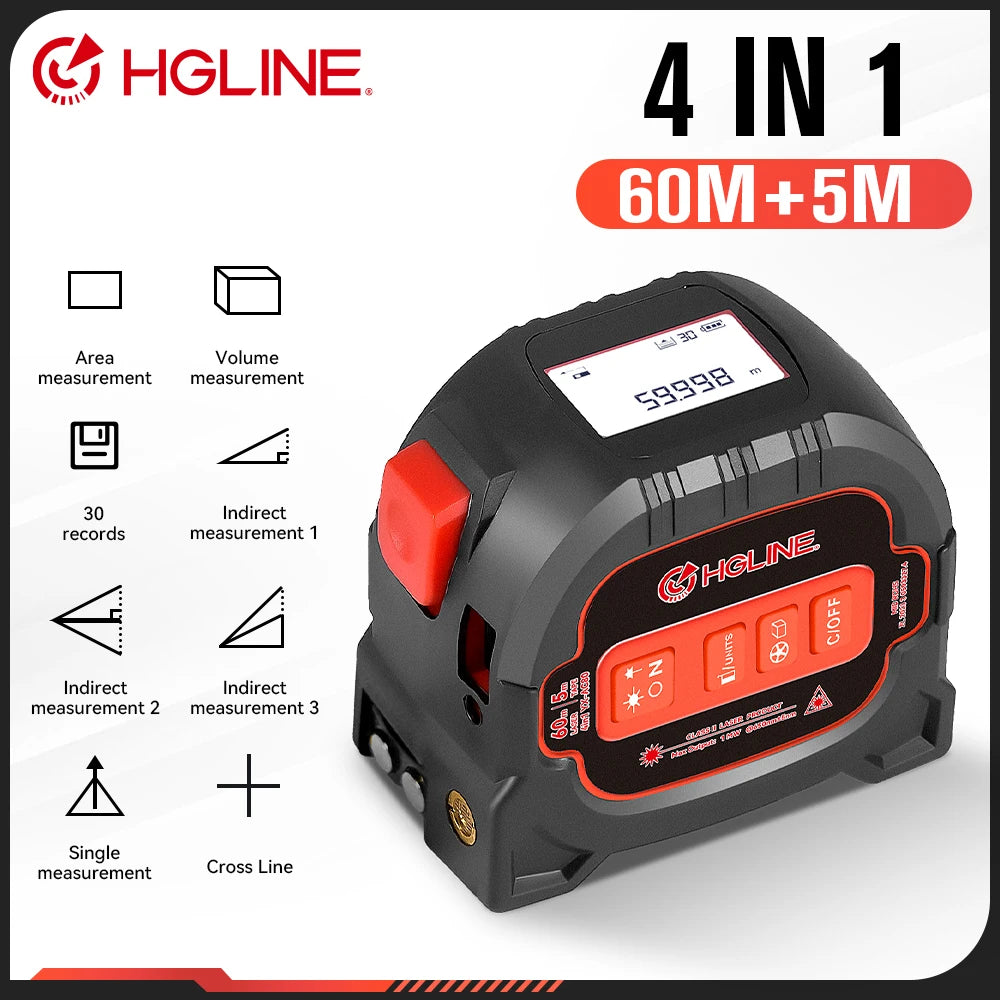 HGLINE 4 In1 60M Laser, 5M Tape Measure with LCD Display, Electronic Ruler Laser Rangefinder