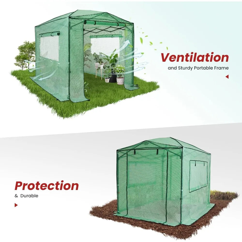 8'x12' Portable Greenhouse, Pop-up, 2 Roll-Up Zipper Doors & 4 Side Windows