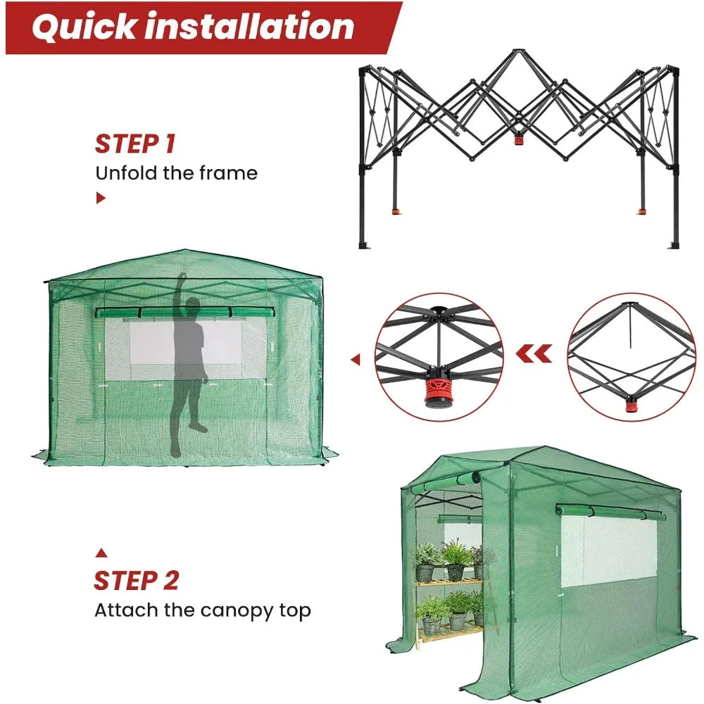 8'x12' Portable Greenhouse, Pop-up, 2 Roll-Up Zipper Doors & 4 Side Windows